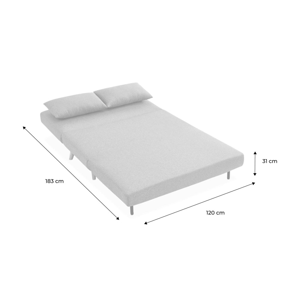 Divano letto in tessuto con gambe in legno, 2 posti, grigio chiaro