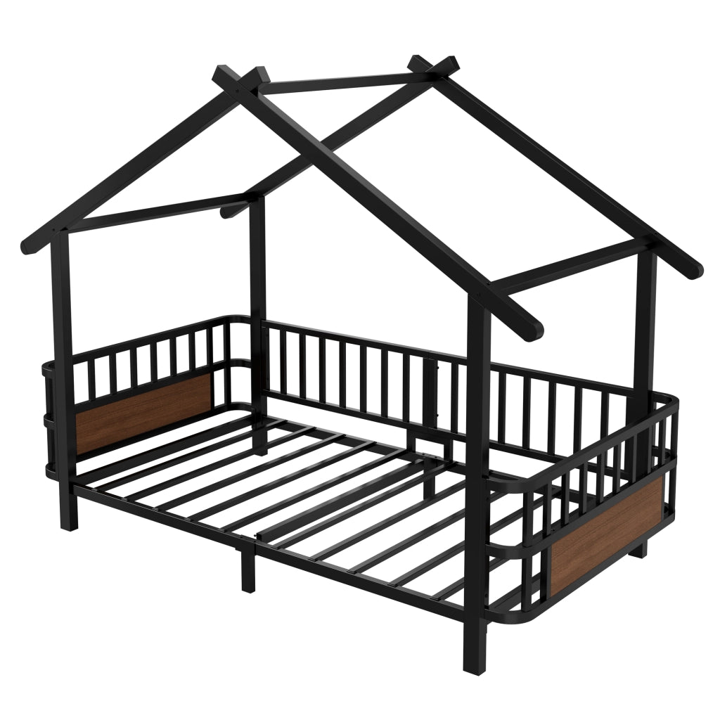 Letto per bambini in metallo a forma di casetta 90x200 cm, con sponde di sicurezza, nero