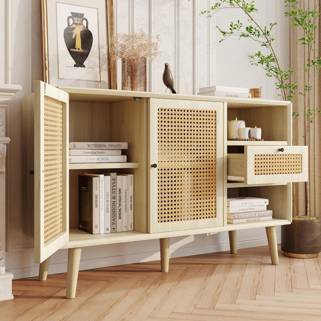 OKWISH Credenza Retrò con 1 Cassetto e 2 Ante Magnetiche, Ripiani Regolabili, per Soggiorno o Sala da Pranzo, 120×40×80 cm