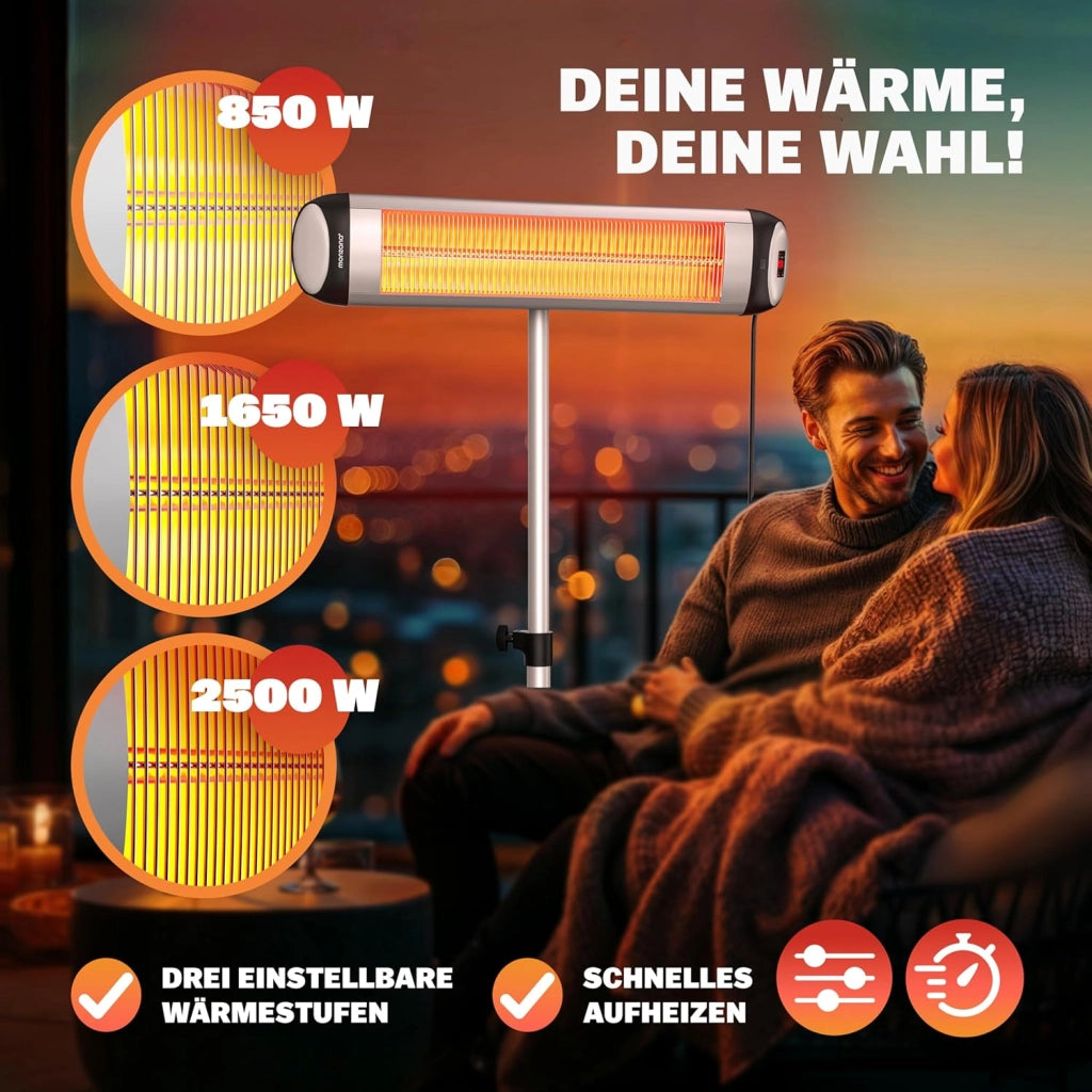 ® Stufa Elettrica a Infrarossi MZH2500 2500W Treppiede 110-175cm Telecomando Timer 24h Riscaldamento Esterno