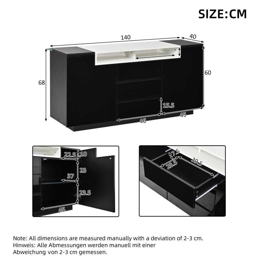 Credenza ULEVR 140x40x68 cm con 2 ante, 3 cassetti, ripiani semiaperti e LED, nero lucido