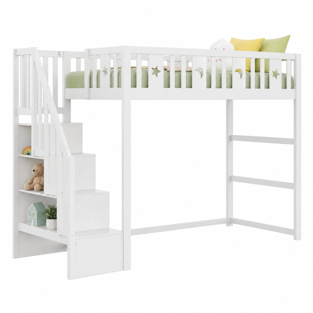 Letto a soppalco ULEVR per bambini 90x200 cm con scala e ripiani integrati, area divanetto, bianco