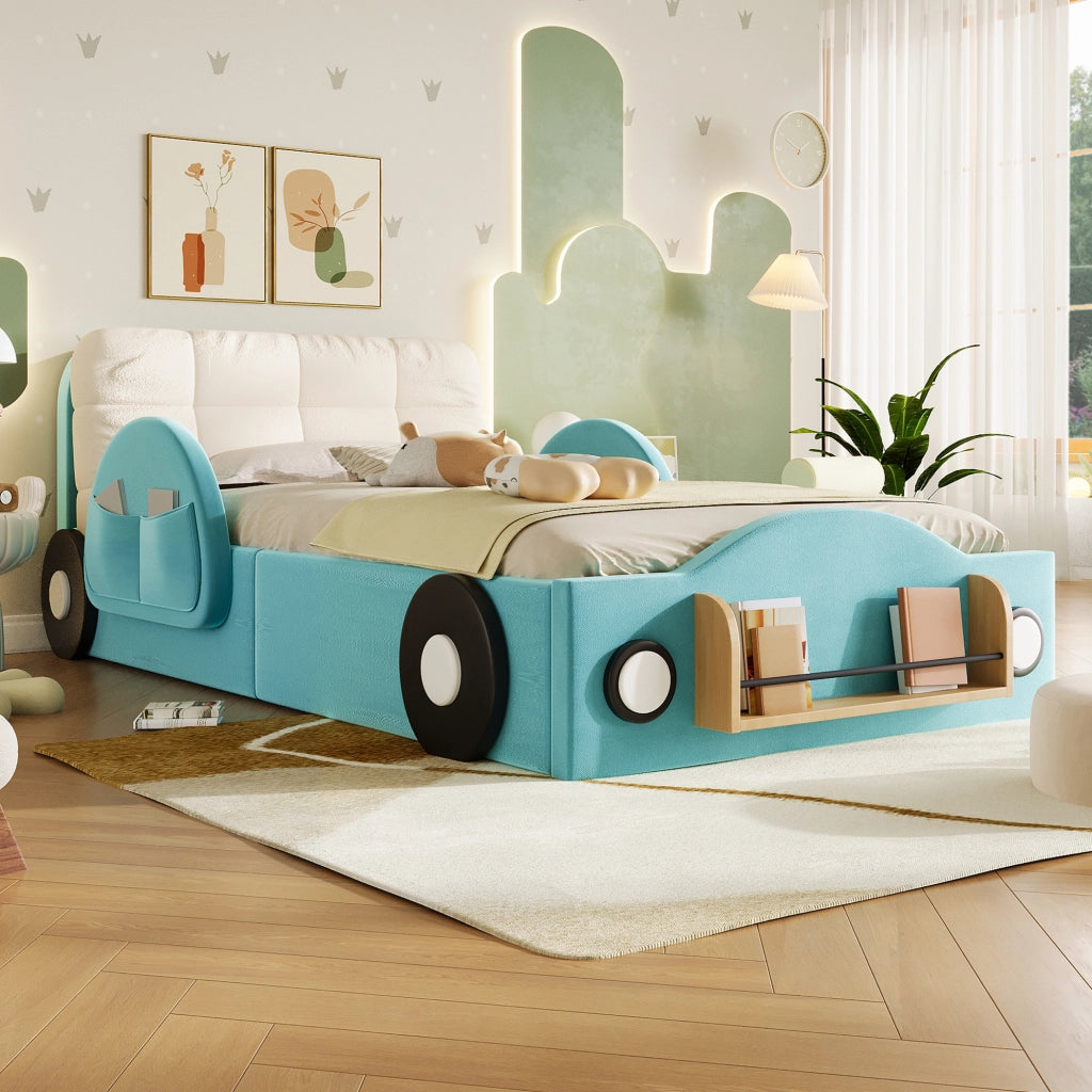 Letto imbottito 90x200 cm con contenitore idraulico in flanella blu e cuscino