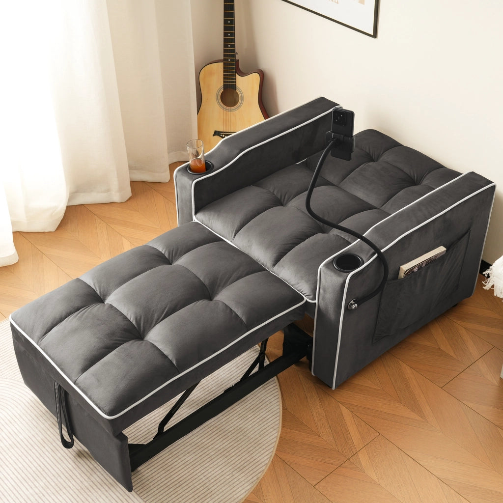 Poltrona Letto 1 Posto 3 In 1 con Portabicchieri e Supporto Telefono; Reclinabile ed Estraibile; in Velluto Grigio