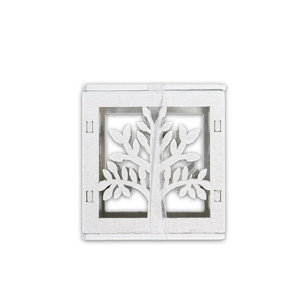 Trade Shop - Set Bomboniera Per Matrimonio Cubo In Legno Albero Della Vita Stilizzato Bianco -