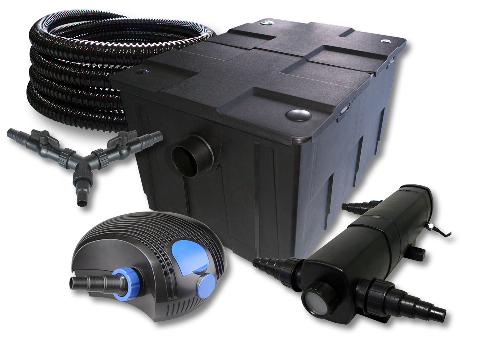 Set filtro per laghetto da 60.000 l Chiarificatore 24W Pompa ECO 100W Tubo 25m