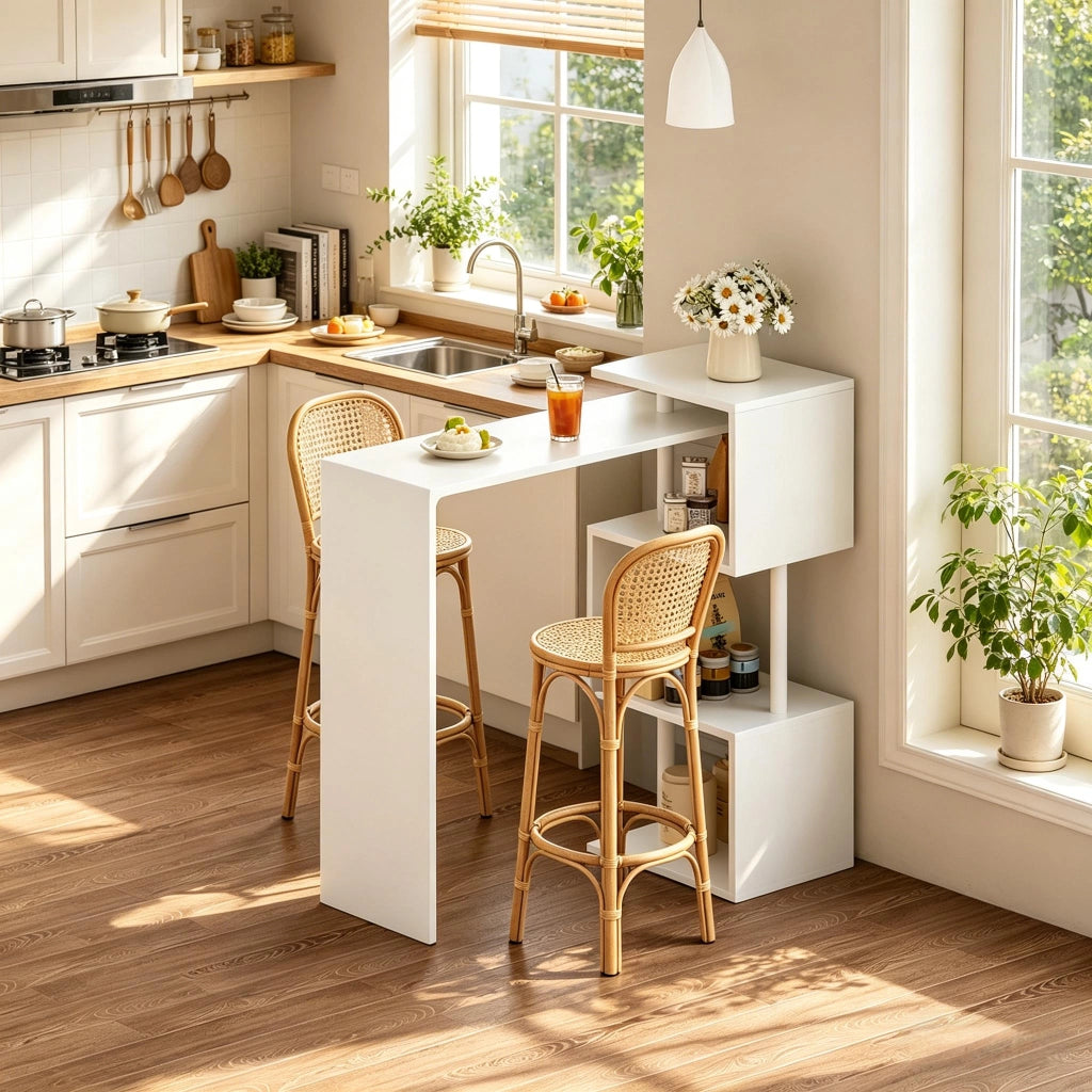 Tavolo da bar multifunzionale con 3 ripiani, per cucina e soggiorno, in MDF e metallo, bianco, 97,5 × 38 × 100 cm