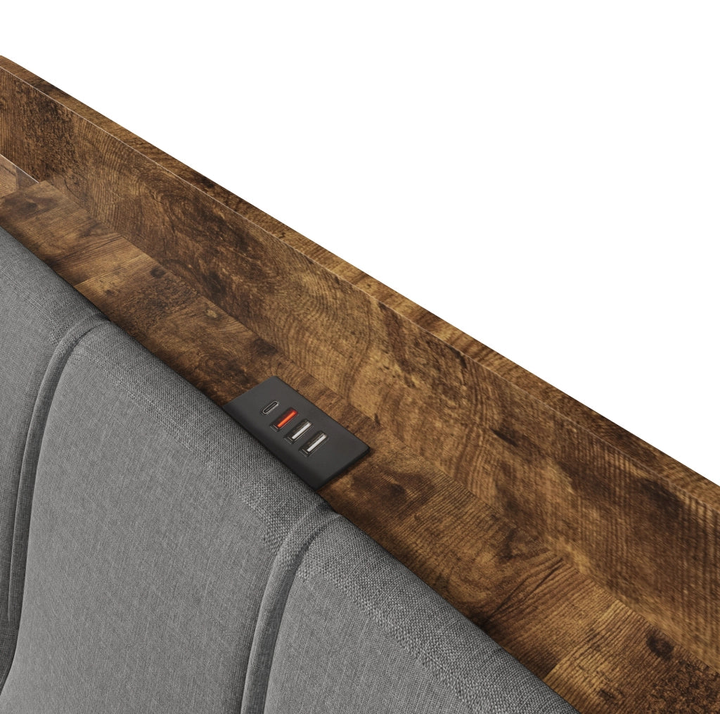 Letto imbottito 140x200 cm in lino grigio con contenitore idraulico; USB-C e LED