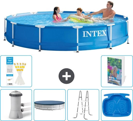 Piscina Rettangolare in Acciaio - 366 x 76 cm - Blu - Compreso Pompa Copertura - Scala - Vasca Idromassaggio - 7 pezzi