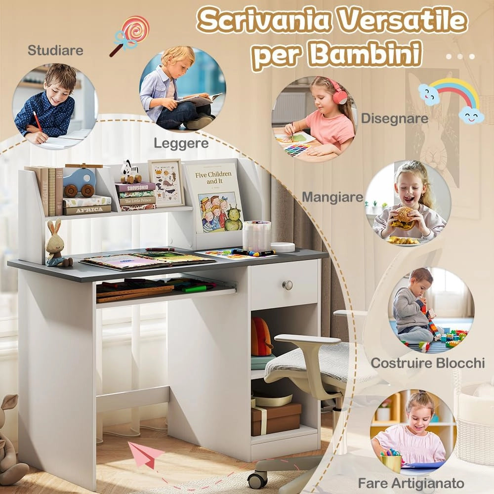 Scrivania per Bambini 3-6 Anni, Tavolo in Legno con Vassoio per Tastiera e Cassetto, Libreria Laterale e Mensole Superiori e Ampio Piano del Tavolo, Ideale per Cameretta (Grigio)