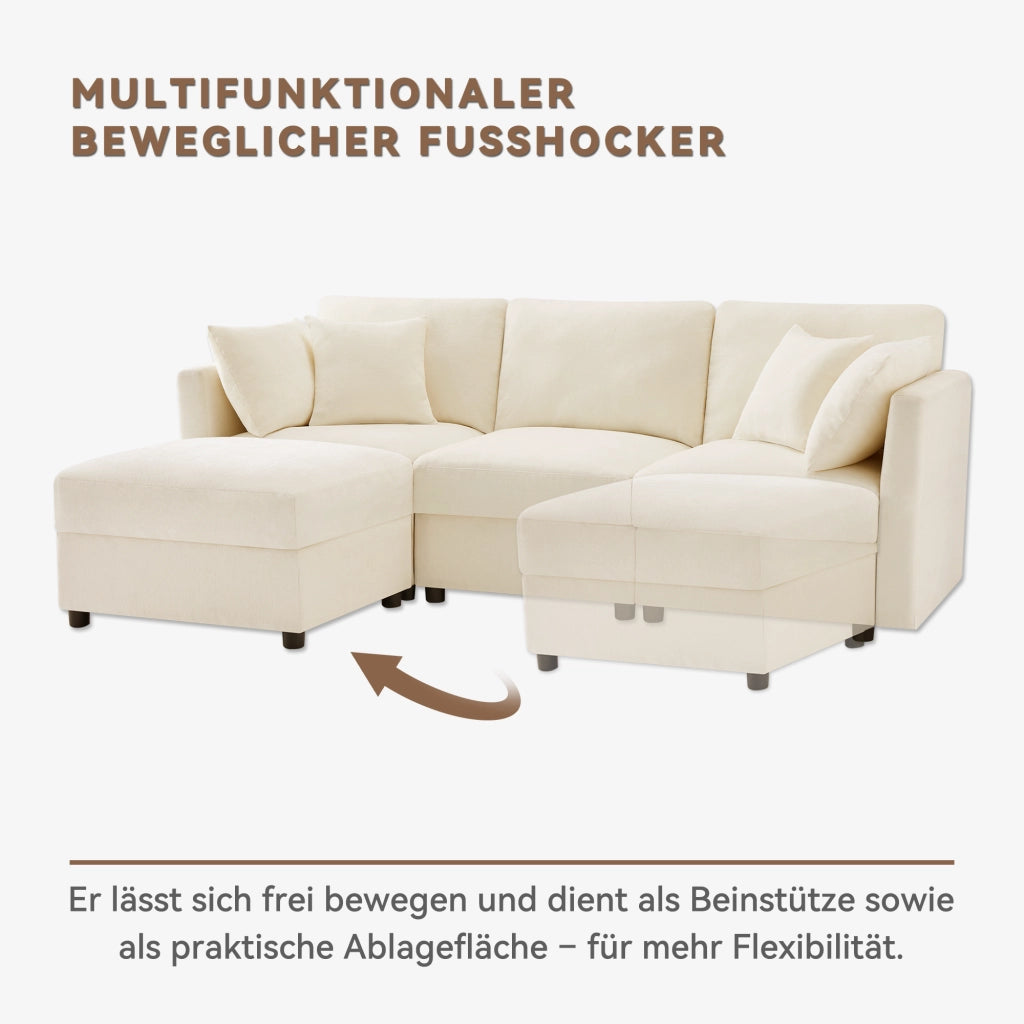 Divano angolare modulare con pouf, 4 cuscini e braccioli regolabili, in ciniglia beige 218 × 156,5 × 86 cm