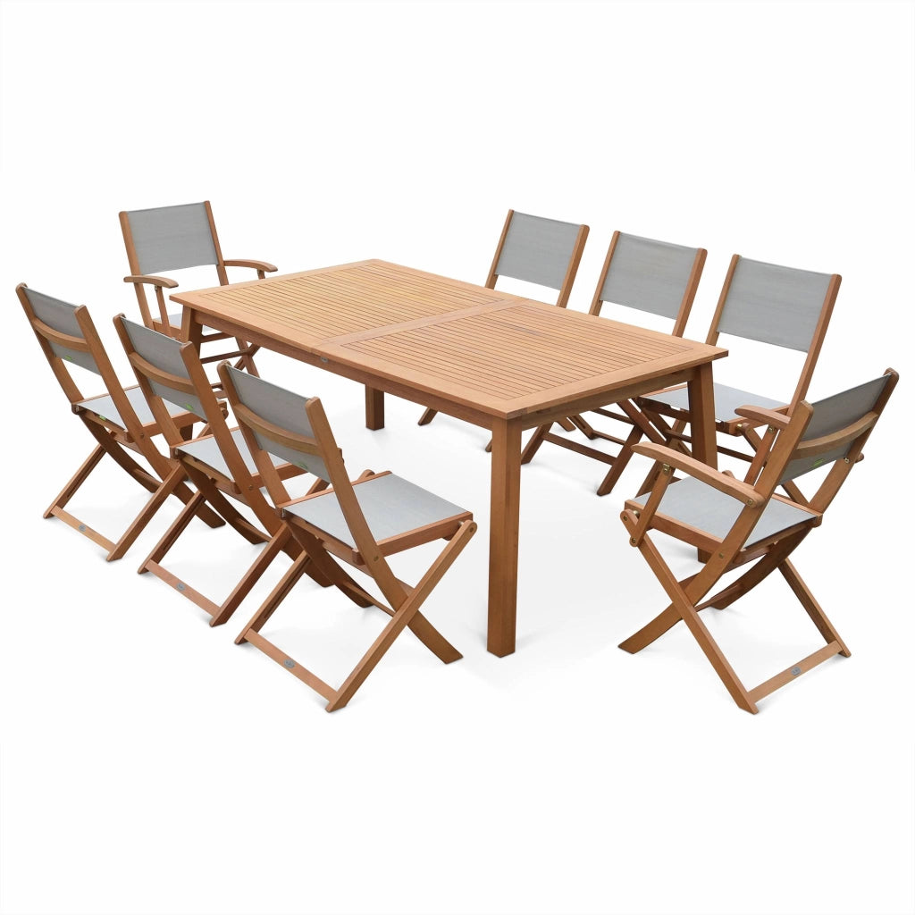 Set tavolo da giardino rettangolare allungabile in legno con 8 sedie,