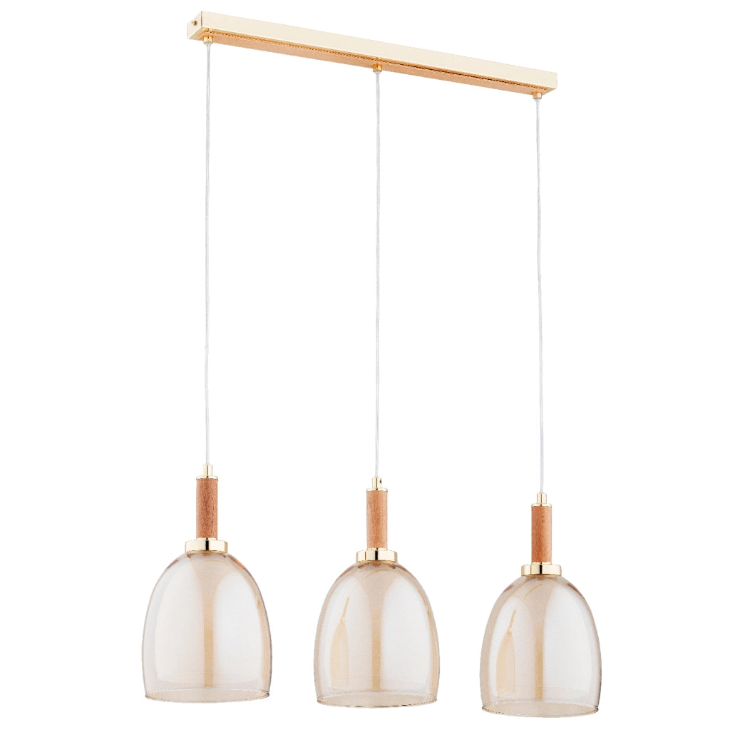 Lampadario sospeso oro-legno, vetro ambra 3xE27 Lissy