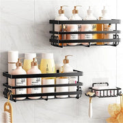 Placca doccia nera 3 pezzi - Organizzatore bagno senza perforare - Con 4 ganci e contenitore per sapone