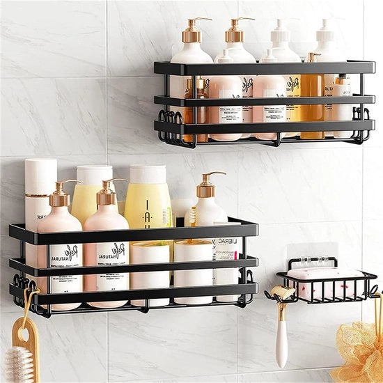 Placca doccia nera 3 pezzi - Organizzatore bagno senza perforare - Con 4 ganci e contenitore per sapone