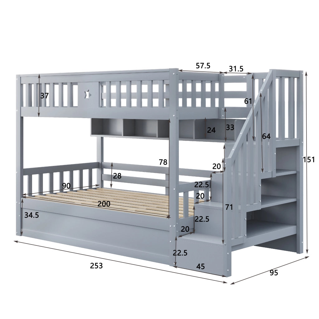 Letto a castello 90x200 cm con letto inferiore idraulico, scala con vani contenitore e scaffali, grigio