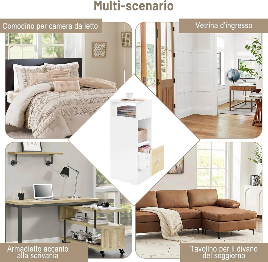 Set di 2 Comodino Stretto, Comodino con 2 Scomparti a Giorno e Cassetto, Tavolino da Notte 25x30x66cm, Mobile Salvaspazio per Camera da Letto, Soggiorno, in Truciolato, Rovere, 0011CTG-2-FL