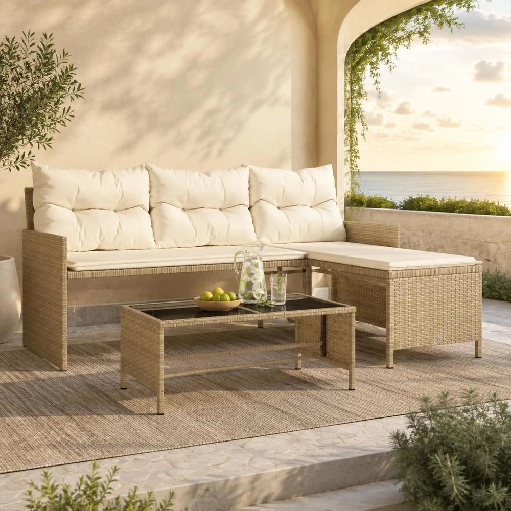 L-shaped Garden Sofa With Table And Cushions, Beige Poly Rattan