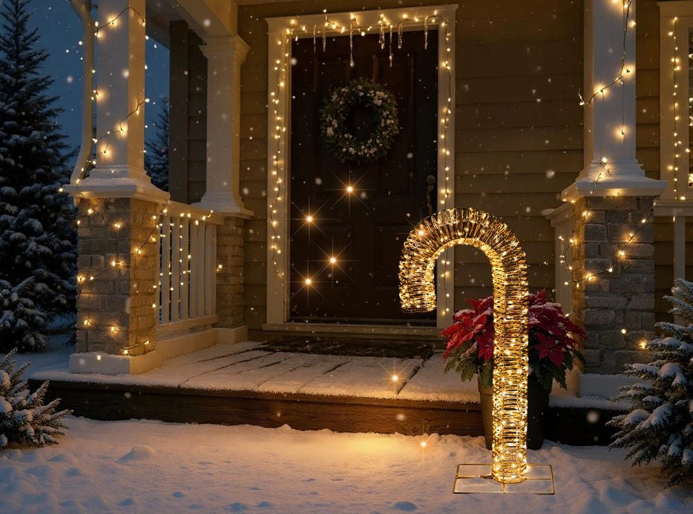 Decorazione natalizia da esterno a LED Candy Cane 74 cm Ornamento natalizio da giardino illuminato oro