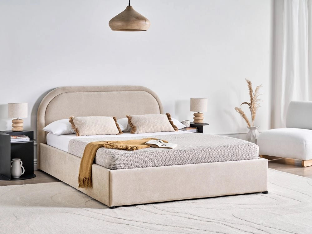 Letto matrimoniale EU Beige Chiaro Tessuto di ciniglia 140 x 200 cm Struttura imbottita con contenitore