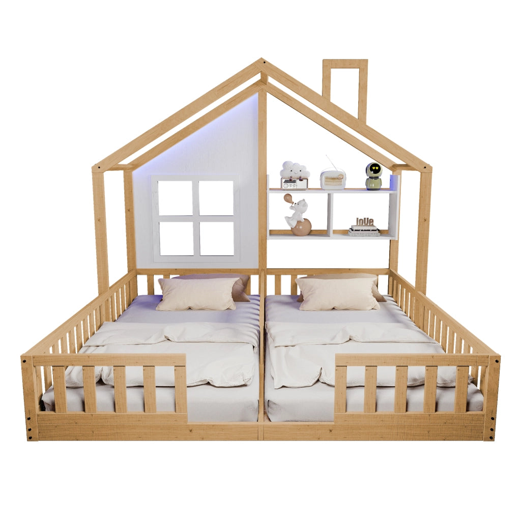 Letto per bambini a forma di casa con LED e doghe, 90x200 cm, legno