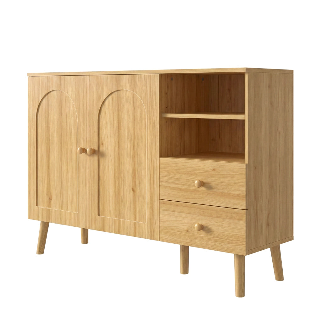 Credenza sideboard con ante bombate, 2 cassetti e vani aperti, colore naturale