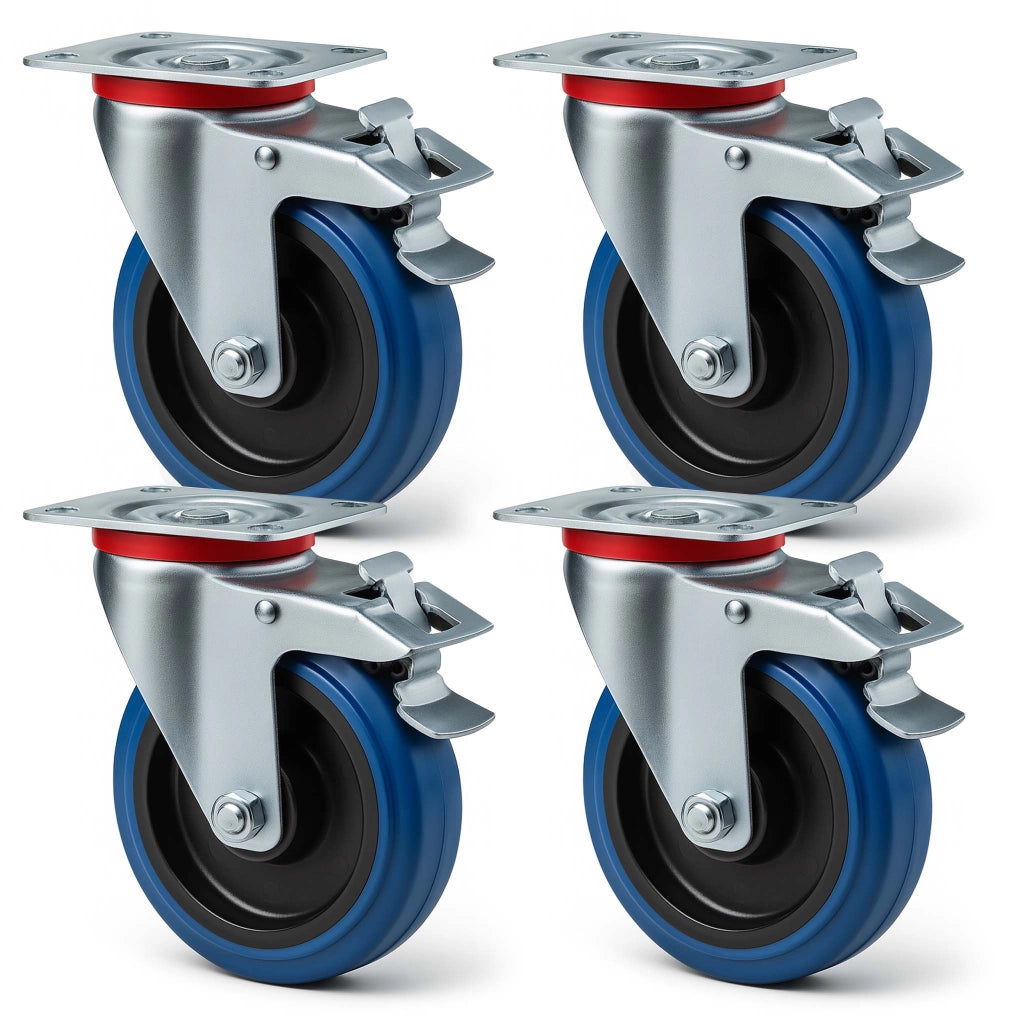 Set 4 ruote girevoli con freno, per trasporto, 200mm, plastica e gomma, max 350 kg a rotella