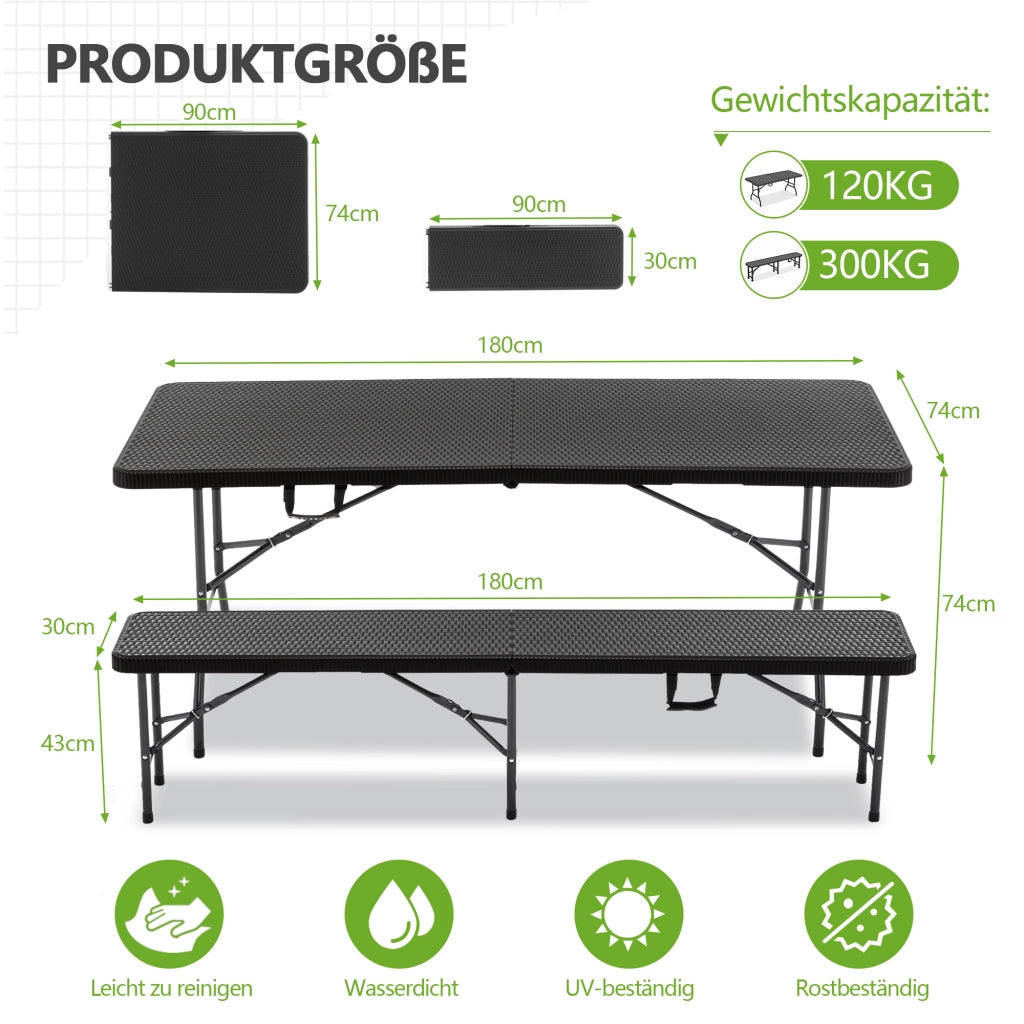 Set tavolo da picnic pieghevole 3 pezzi 6 ft con 2 panche, piano HDPE, chiusura di sicurezza, nero
