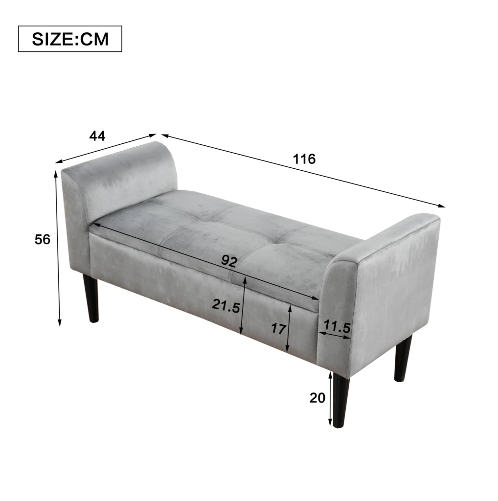 Panca imbottita 116x44x56 cm grigia in velluto e MDF, con braccioli