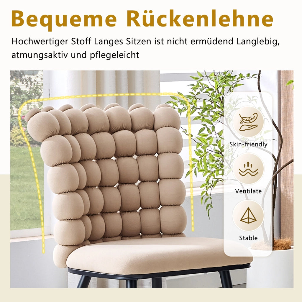 Sedia da Pranzo con Schienale a Catena di Sfere, Design Moderno, in Velluto e Metallo, Cammello