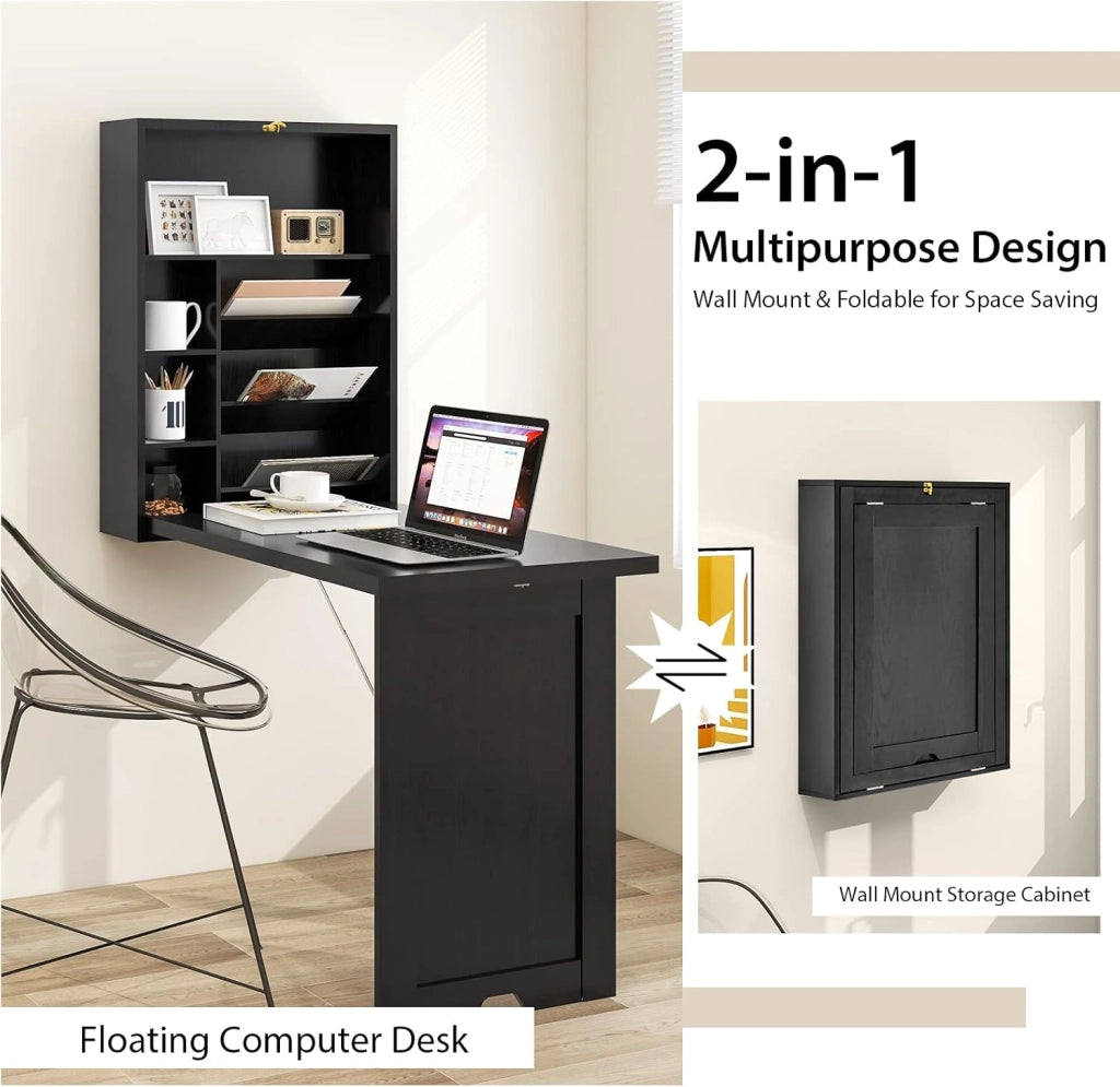Scrivania da Parete in Legno con 7 Scomparti, Pieghevole, Scrivania per Computer, Studio, Cucina, Soggiorno, 2 Colori