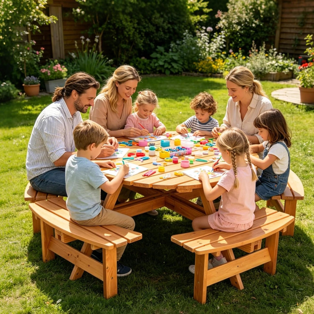 Set da Giardino per 8 Persone in Legno di Abete, Tavolo con Sedie Integrato e Foro per Ombrellone, Mobili da Esterno per Terrazza, Cortile e Pic-Nic, 178 x 70 cm