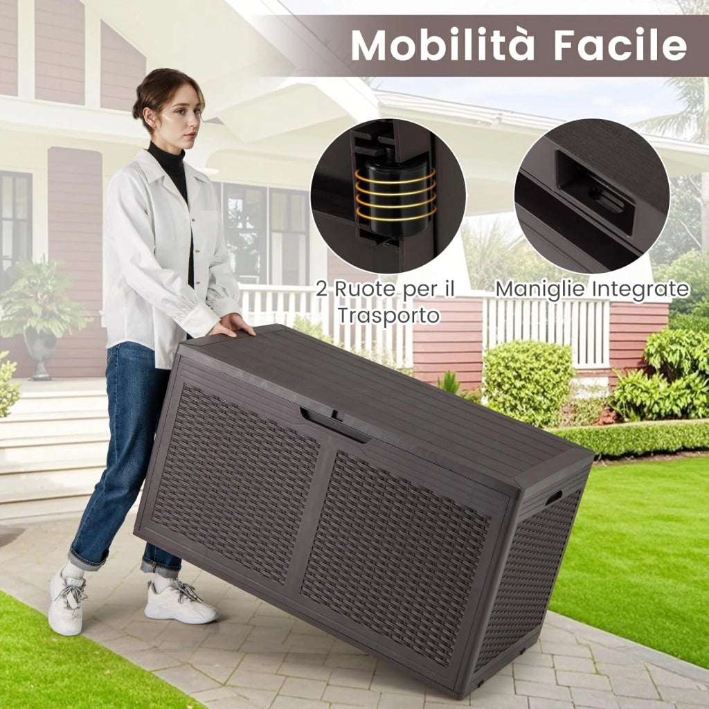 Baule da Esterno 380 L, Cassapanca Contenitore Impermeabile in Effetto Rattan con Coperchio Bloccabile e Ruote, Baule Salvaspazio per Mantenere Cuscini e Attrezzi (Marrone)