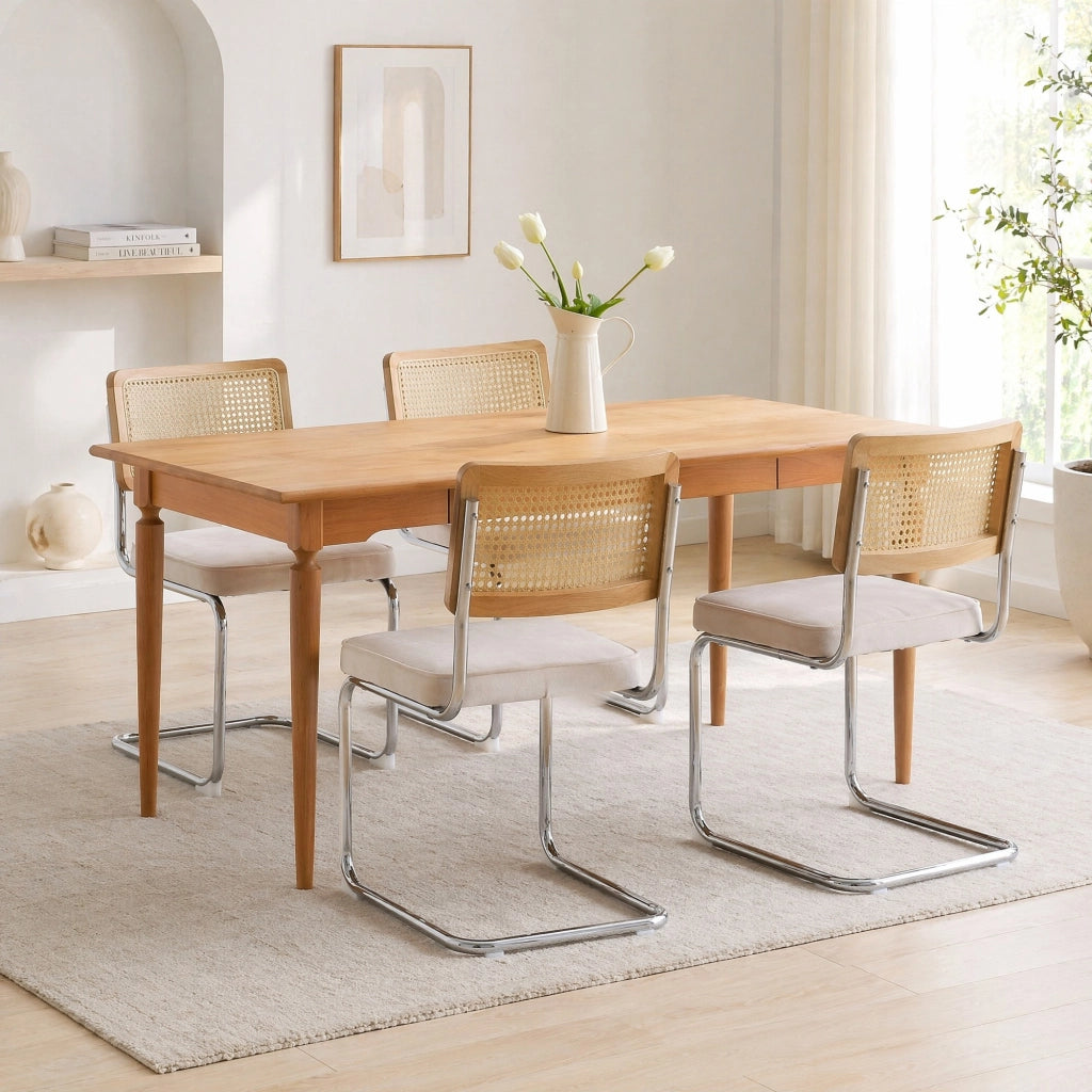 Sedia da sala da pranzo cantilever in velluto con schienale in rattan intrecciato e struttura in acciaio beige