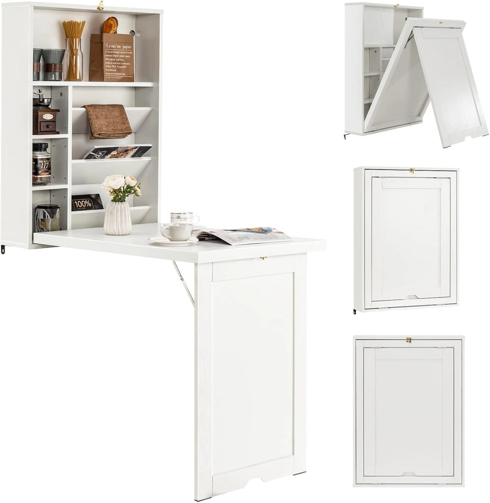 Scrivania da Parete in Legno con 7 Scomparti, Pieghevole, Scrivania per Computer, Studio, Cucina, Soggiorno, 2 Colori