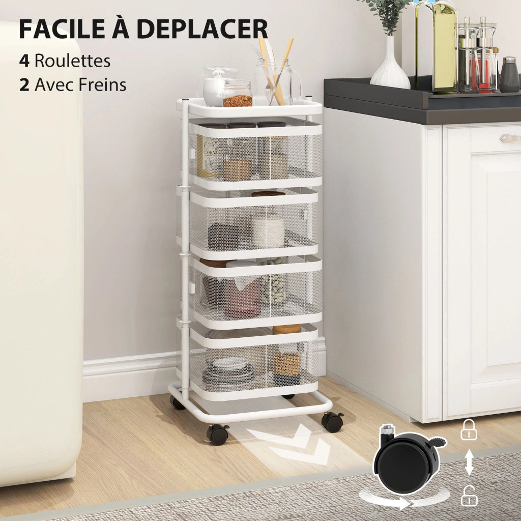 Carrello con 4 cestelli girevoli su ruote ¨C zephmum ¨C bianco, acciaio, 33x33x77cm