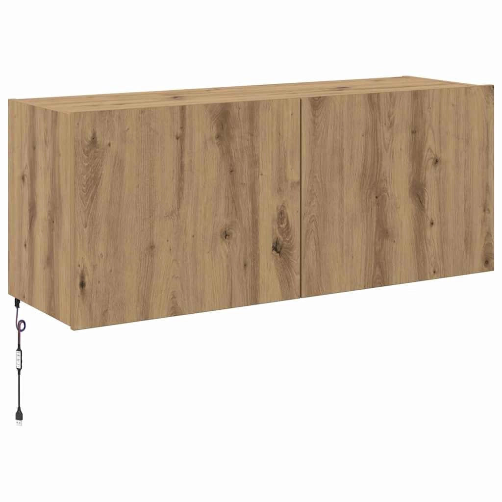 Mobile TV moderno a parete con illuminazione a LED 100 x 35 x 41 cm realizzato in legno di rovere ingegnerizzato finitura artigianale 02_0054533