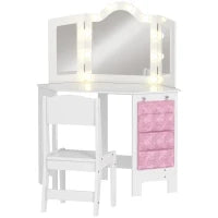Set toeletta e sgabello per bambini, con luci LED bicolore, specchio triplo richiudibile, Bianco