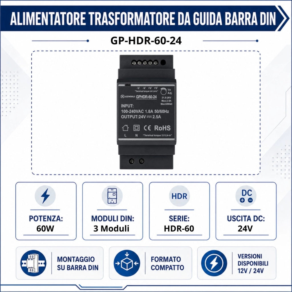 Alimentatore Trasformatore Da Guida Barra DIN 60W, 3 Moduli, Serie HDR-60, Disponibili DC 12V 24V (DC 24V)
