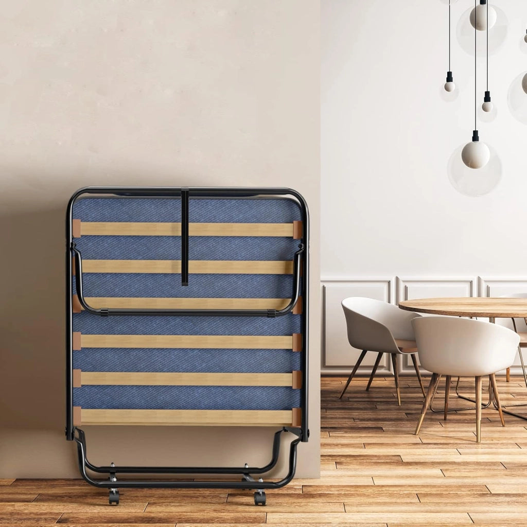 Letto Singolo Pieghevole di Emergenza, 80 x 190 cm, Letto Singolo con Materasso in Memory Foam, Telaio in Acciaio con 4 Ruote, 15 Doghe in Legno, Blu