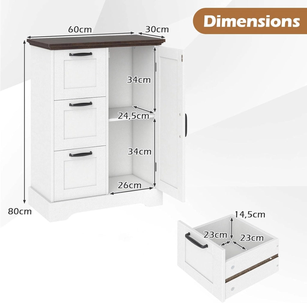Mobiletto da Pavimento in Legno, Organizzatore per Conservazione Rustico con Porta da Fienile e 3 Cassetti, Buffet Laterale Autonomo per Cucina, Soggiorno, Sala da Pranzo (Bianco)