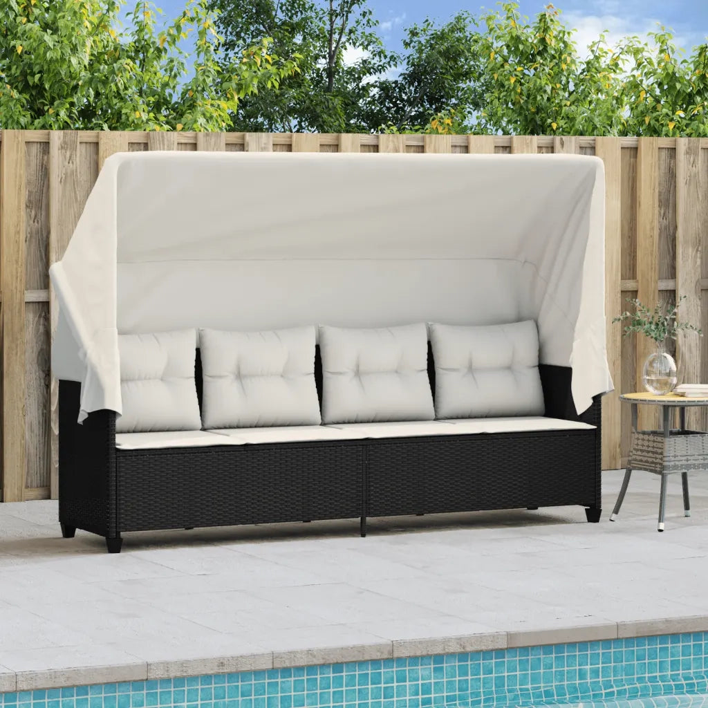 Lettino Prendisole | Sdraio da giardino | Lettino da sole con Baldacchino e Cuscini Nero?Polyrattan