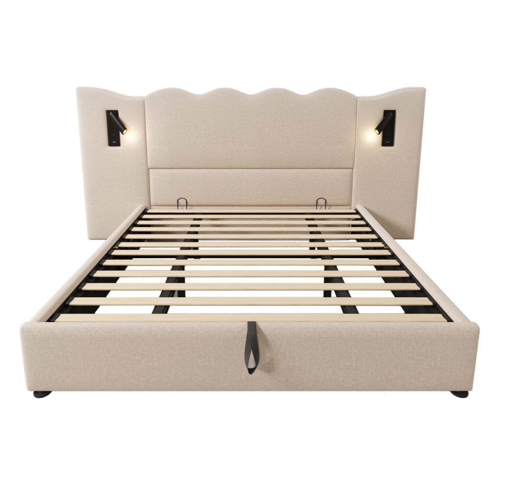 Letto matrimoniale imbottito 180x200 cm in lino beige con lampada da lettura e USB-C
