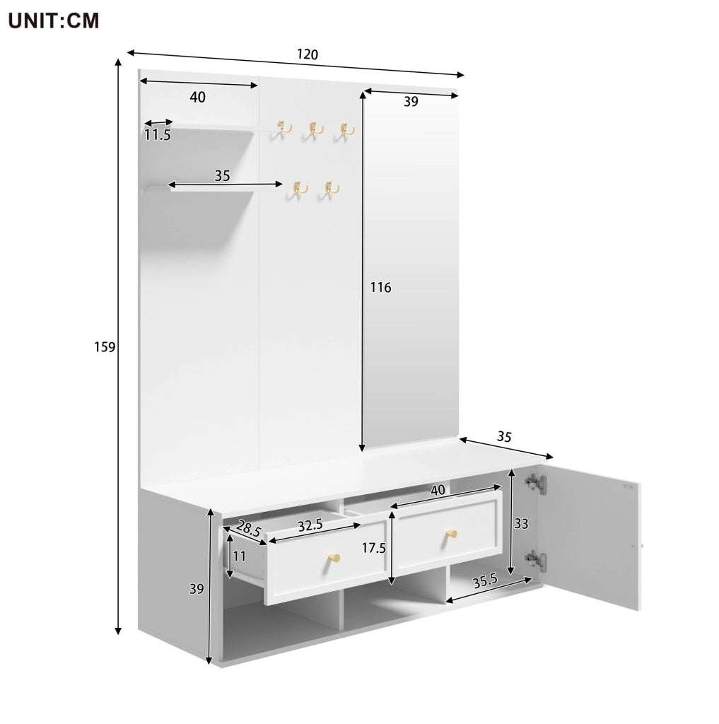 Set guardaroba 120.0x35.0x159.0 cm con specchio e 5 ganci in truciolato bianco