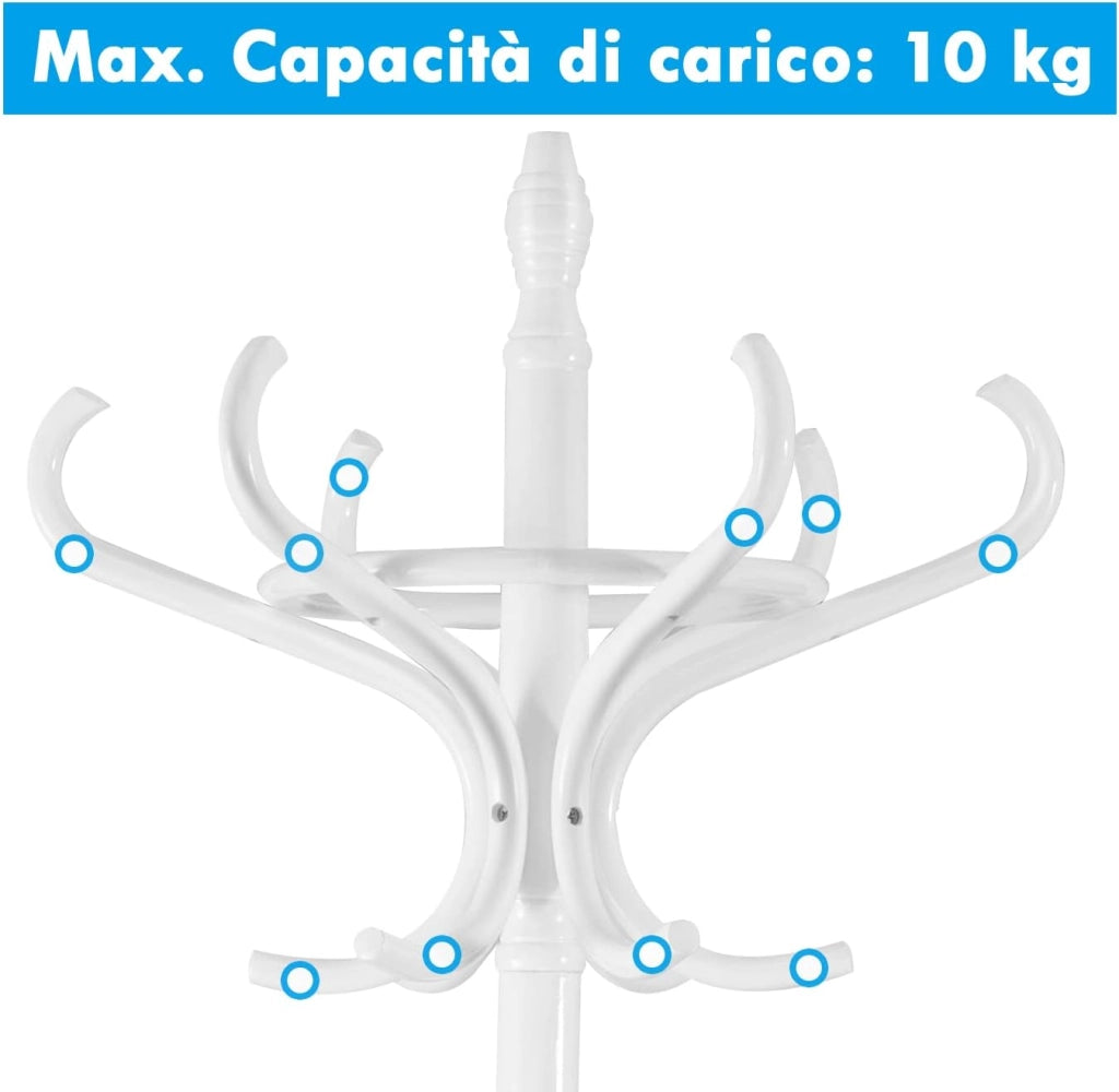 Attaccapanni da Terra Appendiabiti a piedi con 12 ganci in legno ecologico, 51 x 51 x 184 cm (Bianco)
