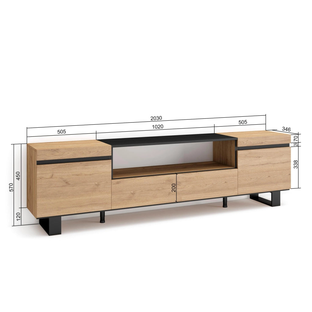 Mobile TV, 200x35x57cm, soggiorno, Per TV fino a 80", Design industriale, colore Rovere e nero RF2149