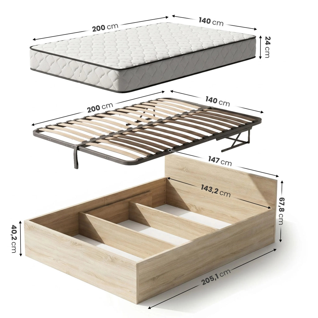 Letto con contenitore 140x200 cm rete sollevabile in metallo e materasso a molle Rovere Sonoma