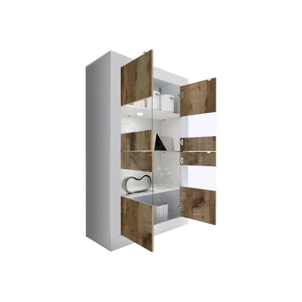 Vetrina 4 porte, collezione ISORA, color bianco lucido laccato e rovere chiaro