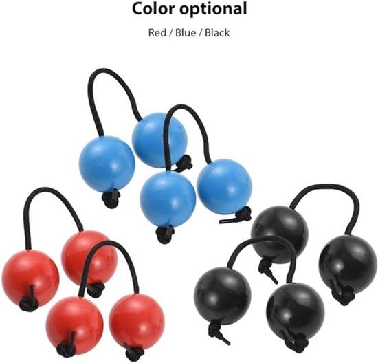 Set a 6 pezzi composto da maracas, strumenti a percussione, palline ritmiche e palle da tamburello (blu, nero, rosso).
