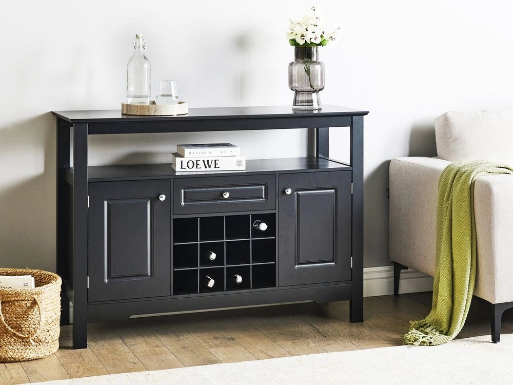Credenza in MDF nero con frontali in vetro 2 ripiani ad anta cassetto portabottiglie credenza in stile mediterraneo corridoio